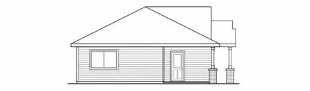 House plan elevation drawing showing a single-story exterior with a gable roof, siding, a window, and a porch with brick-clad columns.