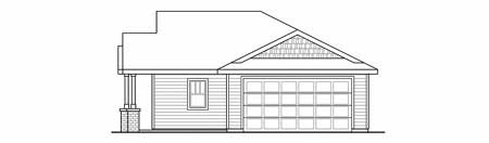 House plan exterior elevation with vinyl siding, gable end with decorative shingles, and a two-car garage.