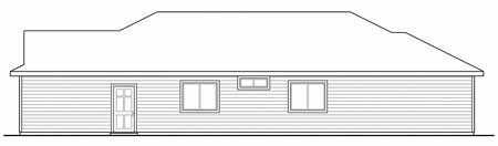 House plan side elevation showing a single-story home with horizontal siding, one door, and three windows.