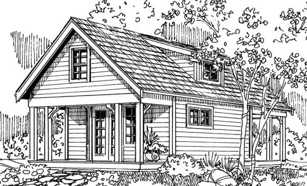 House plan exterior: Cottage style, one story with gabled dormer, full-width front porch and visible pane windows.