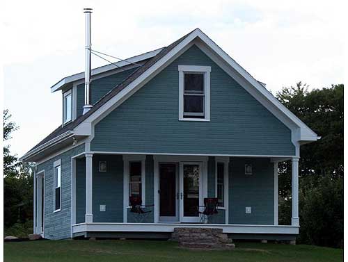 House plan exterior of a two-story home with gabled roof, front porch with columns, and visible chimney.