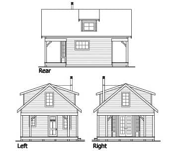 Architectural house plan: rear, left, and right elevations of a two-story home with gabled roofs, dormers, and covered porches.