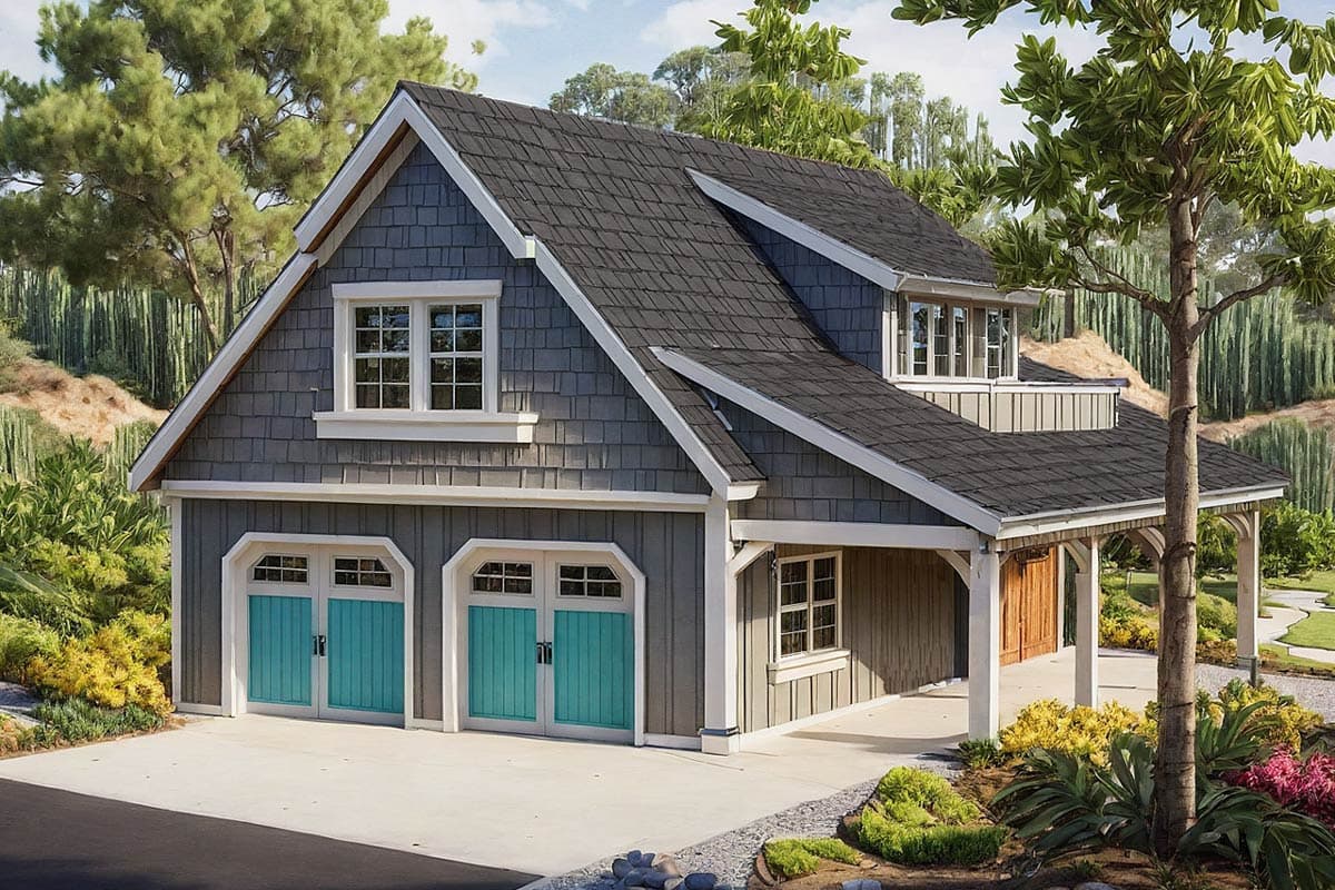 Modern Farmhouse house plan exterior with two garage doors, a covered porch, and multiple gables.