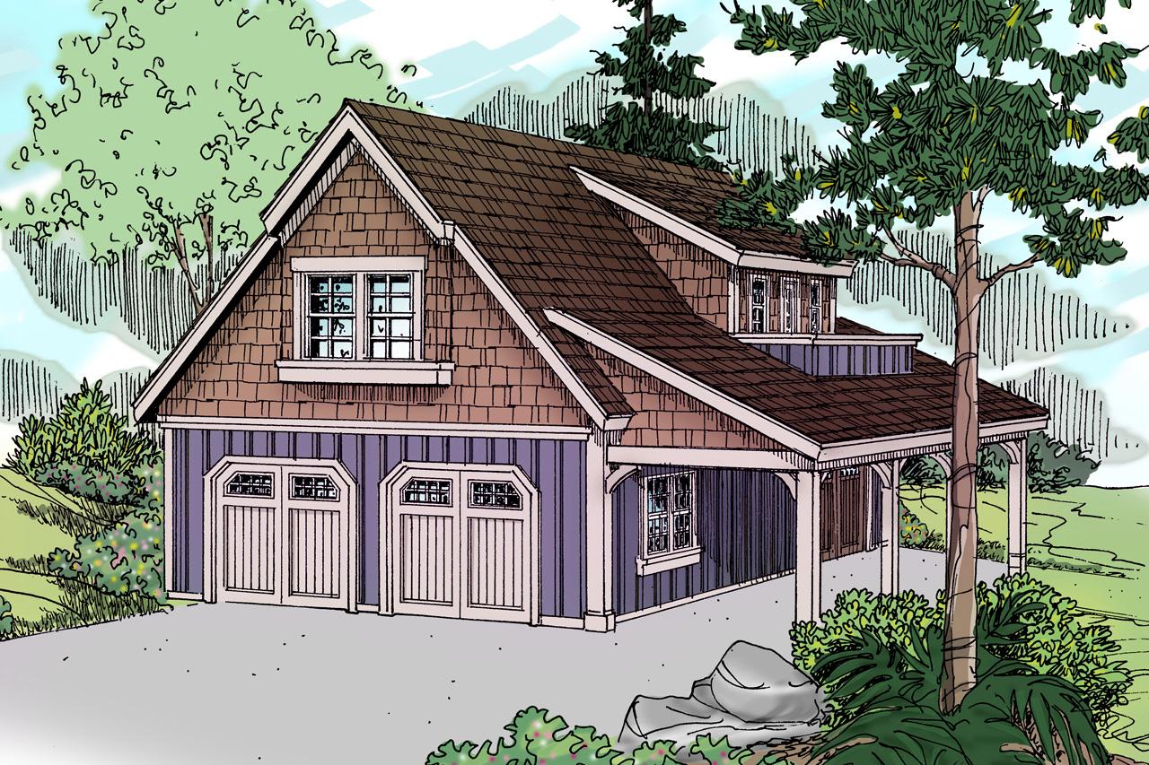House plan exterior with shingle siding, dormers, two garage doors, and a covered porch area.
