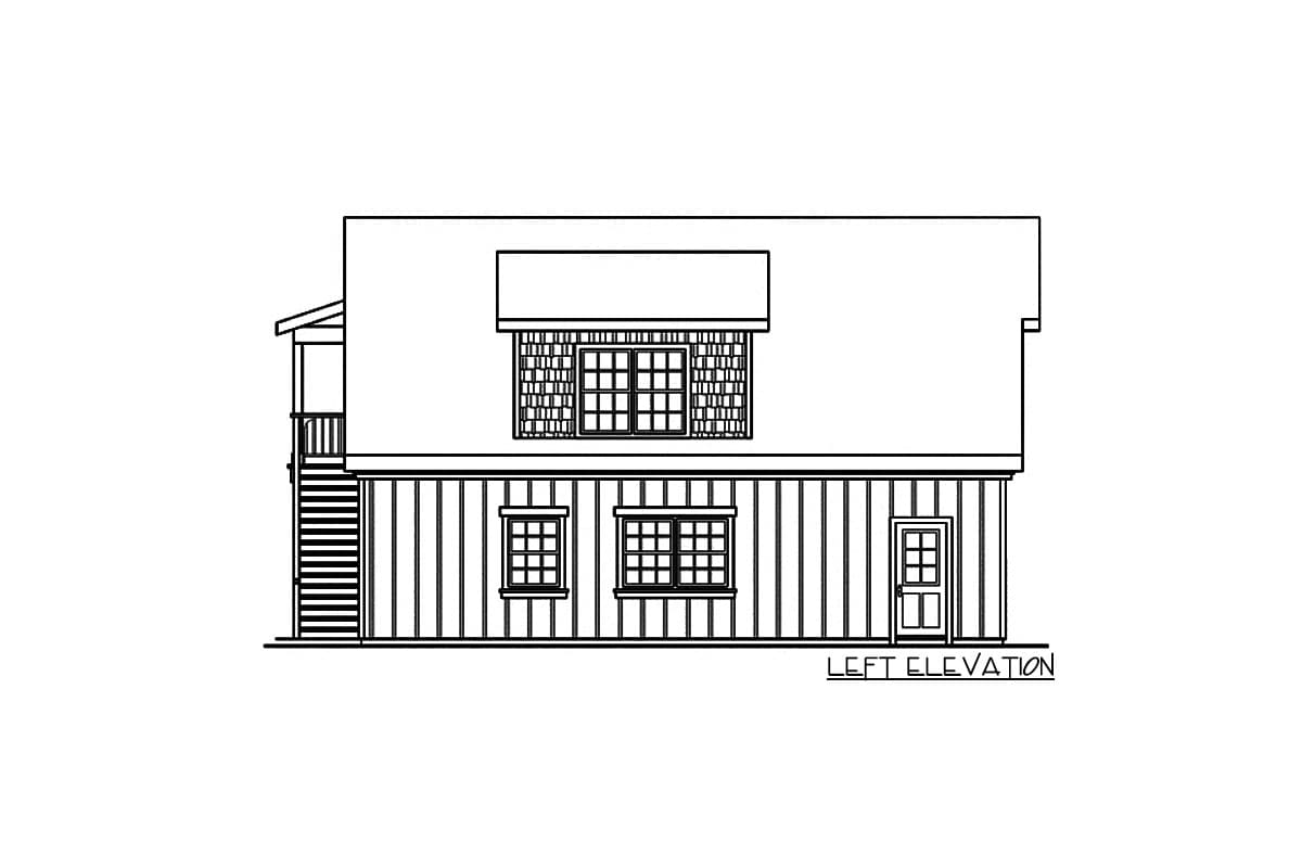 Left elevation drawing of a two-story house plan, featuring vertical siding, a dormer with a multi-pane window, and a side entrance.