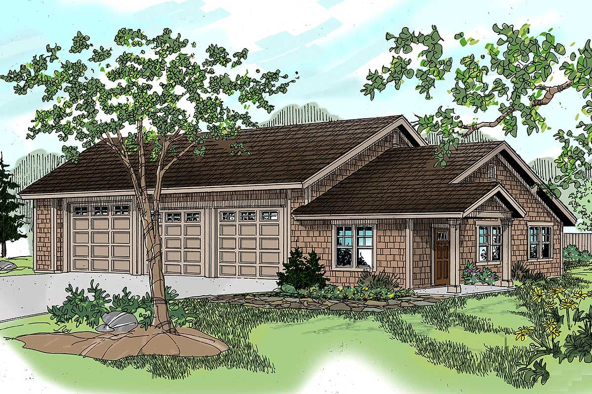 House plan exterior: Single-story Craftsman style with a three-car garage, prominent gables, and a covered front porch.