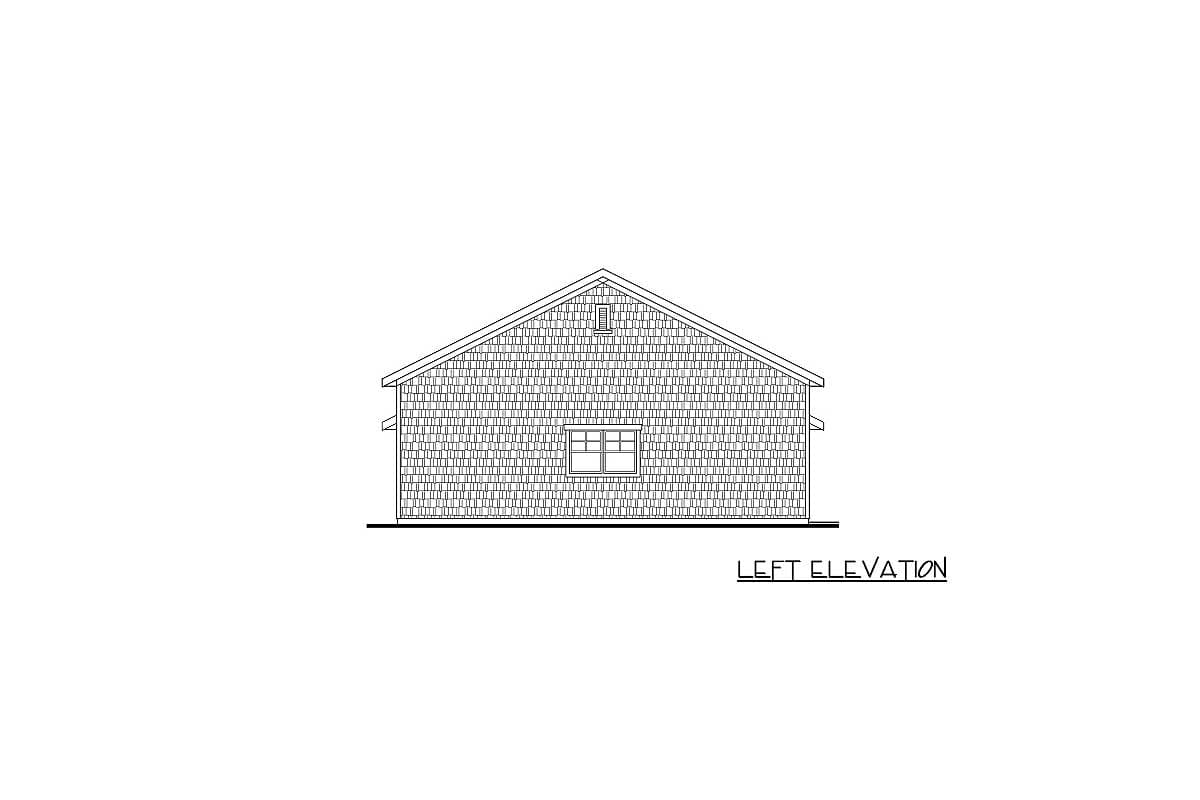 Left elevation house plan showing shingled exterior, a gable roof, one window, and a small vent.
