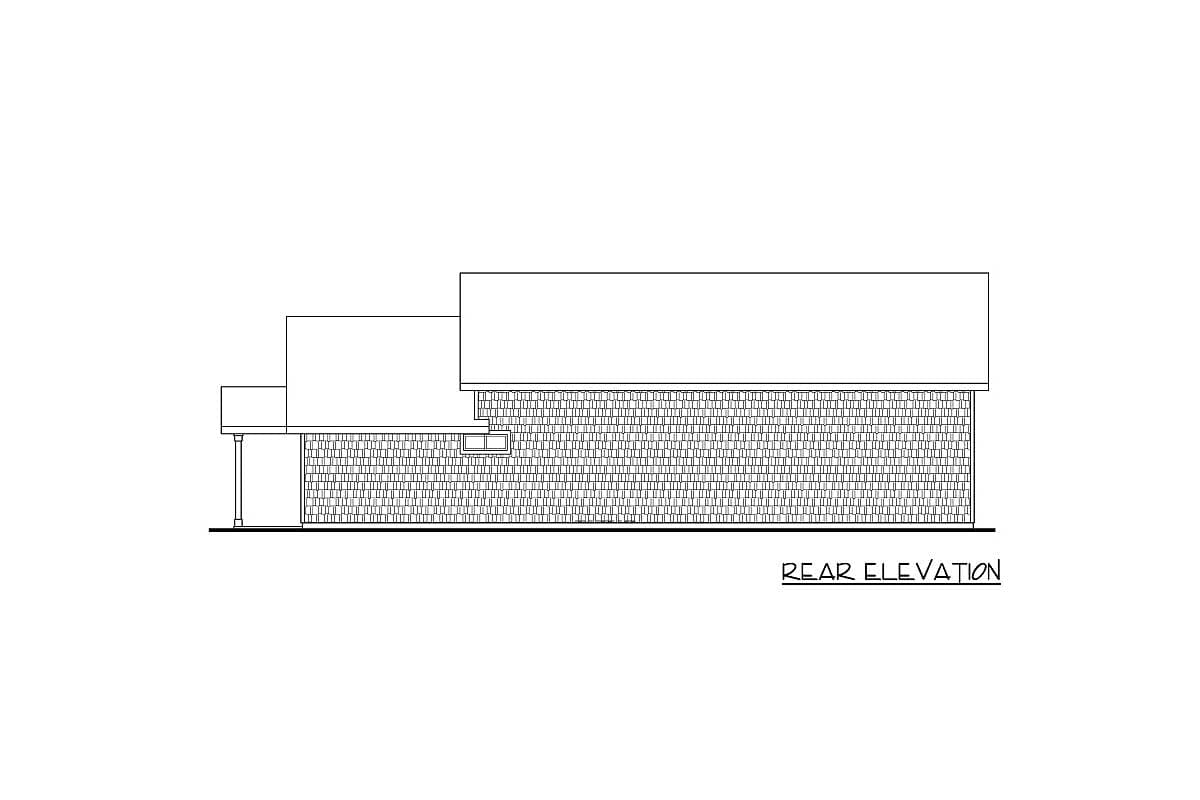 Rear elevation drawing of a house plan with brick siding, a single window, and a covered porch.