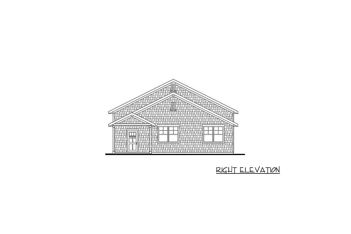 Right elevation drawing of a single-story house plan with a covered entry, multiple gables, and shingle siding.