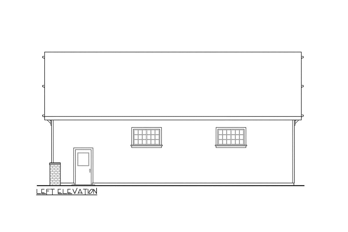 Left elevation drawing of a house plan showing a door, two windows, and a brick-columned eave.