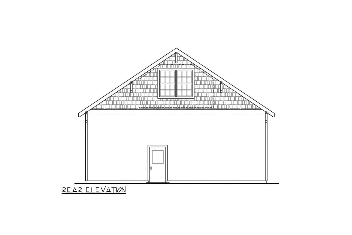 Rear elevation house plan with a gable roof, shingle siding, a single door, and a multi-pane dormer window.