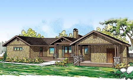 Craftsman style house plan exterior, one story, featuring shake siding, deep eaves, stone column porches, and prominent gables.
