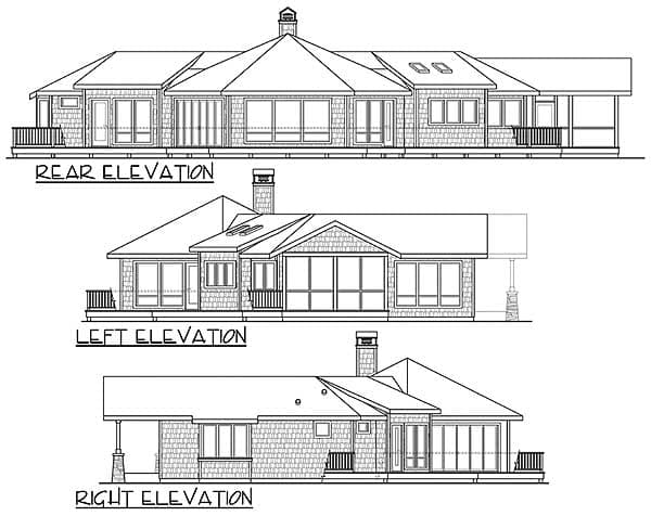 Rear, left, and right elevations for a single-story house plan with multiple gables, dormers, and covered porches.
