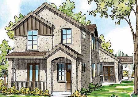 House plan exterior: two-story, stucco finish, multiple gables, covered front porch with railings, and attached covered walkway.
