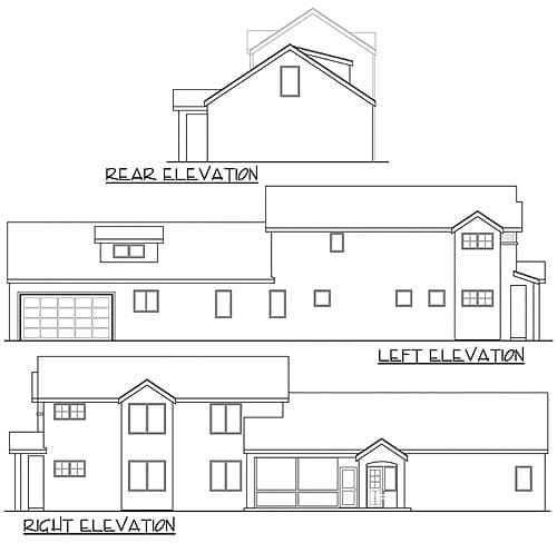 Rear, left, and right elevation drawings of a house plan showing a garage, dormer, and sunroom.
