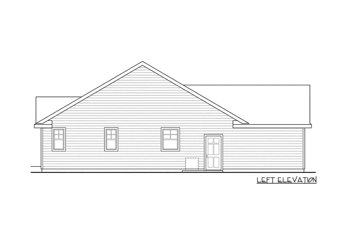 Left elevation drawing of a one-story house plan with three windows and a door.