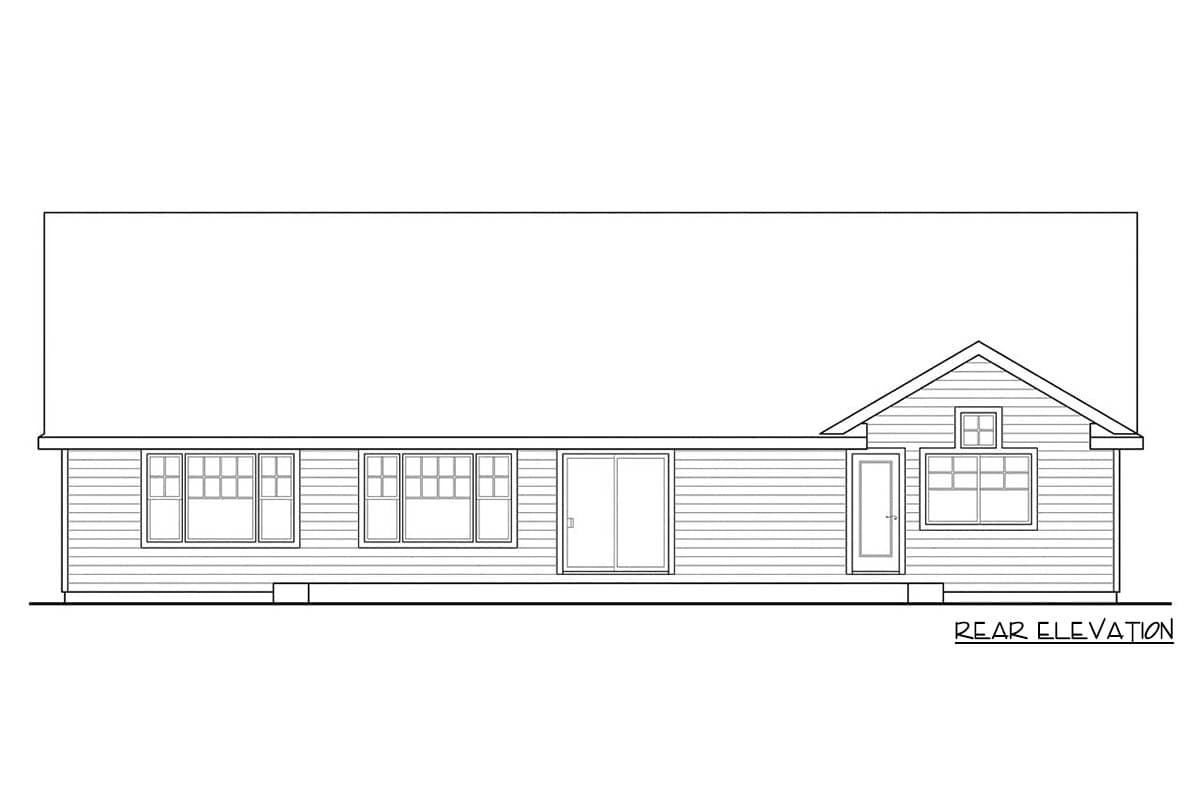 Rear elevation drawing of a house plan showing multiple windows, sliding glass doors, and a gabled dormer.