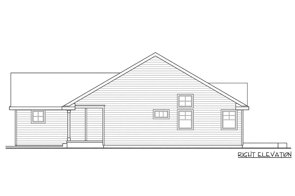 Right elevation house plan for a single-story home with a side porch, gable roof, and multiple windows.