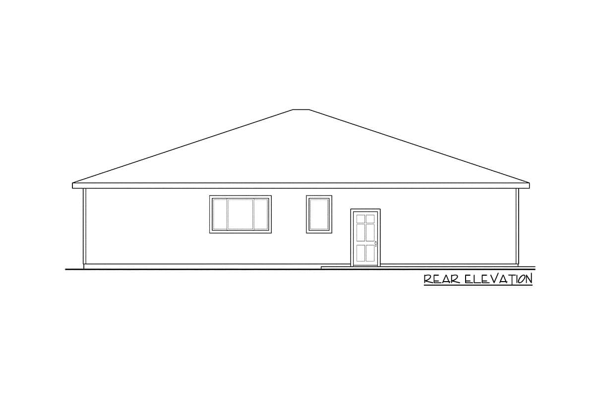 Rear elevation house plan drawing showing a single-story building with a gabled roof, two windows, and a door.