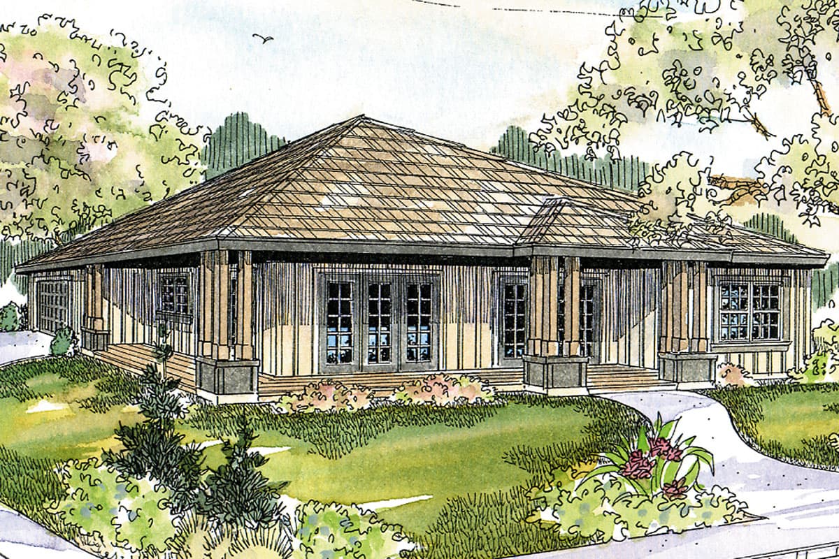House plan exterior: Single-story, low-pitched hip roof, wide covered porch supported by square columns, double entry doors, and multiple windows.