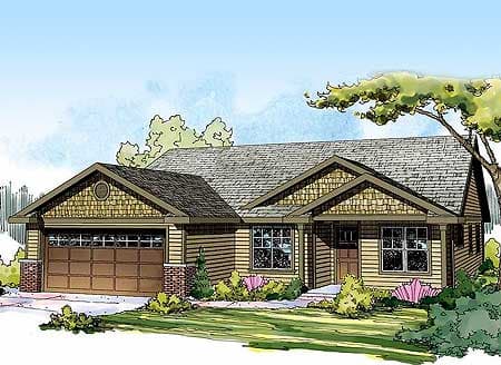Craftsman style house plan exterior with attached garage, prominent gables, wood siding, and covered entry.