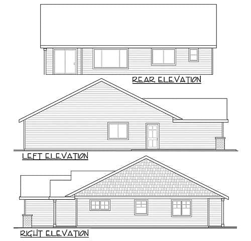 Architectural house plan with rear, left, and right elevation views. Features include gabled roof, windows, doors, and covered porch.