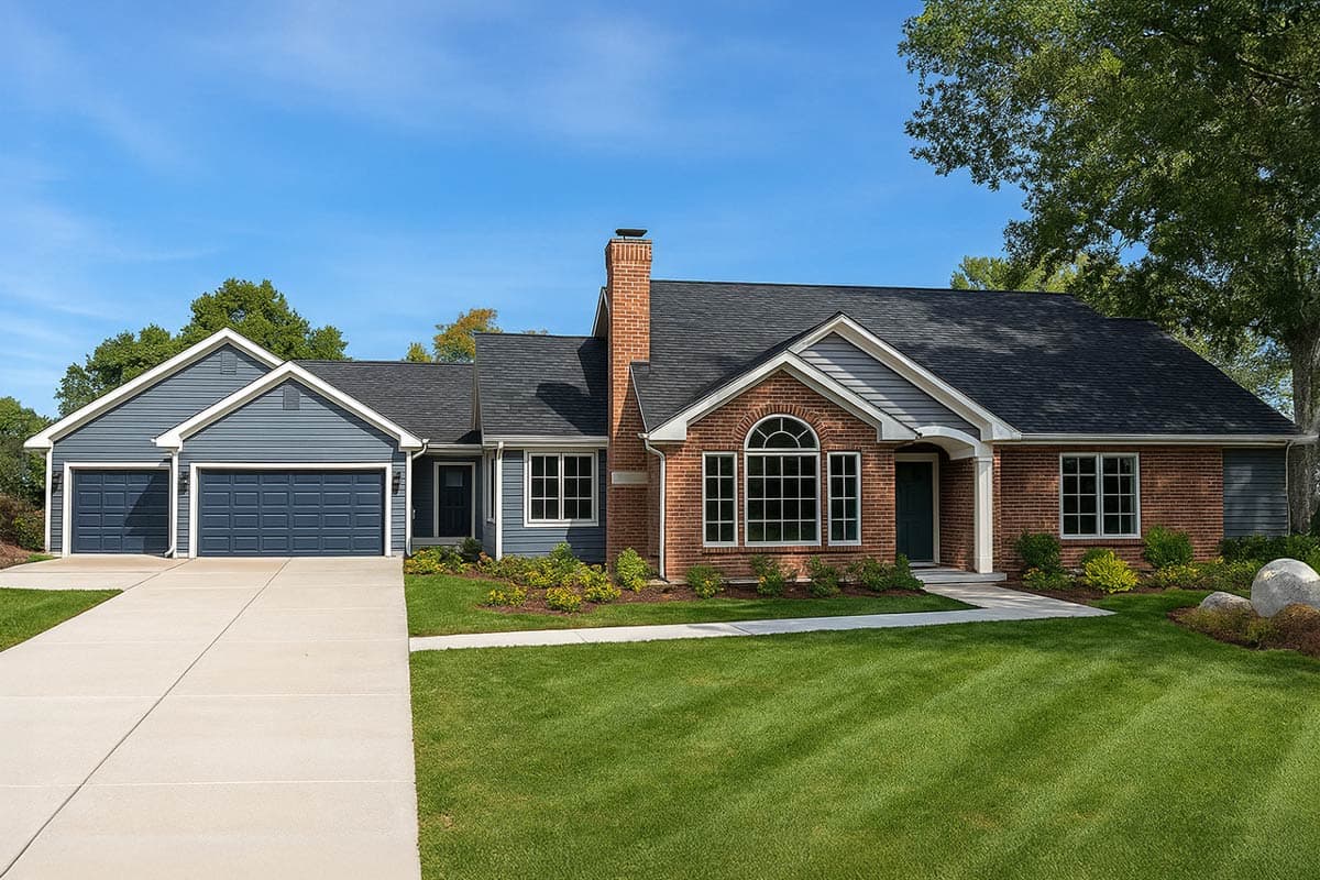 House plan exterior: Ranch style with brick and blue siding, prominent arched window, and attached three-car garage.