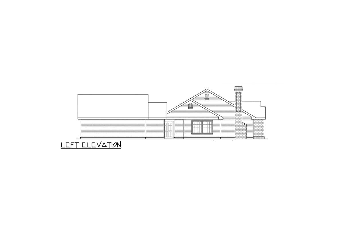 Left elevation drawing of a one-story house plan with gables, a prominent brick chimney, and horizontal siding.