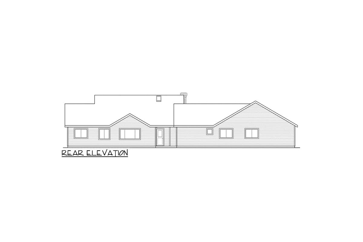 Rear elevation drawing of a single-story house with a hip roof, multiple gables, and several windows.