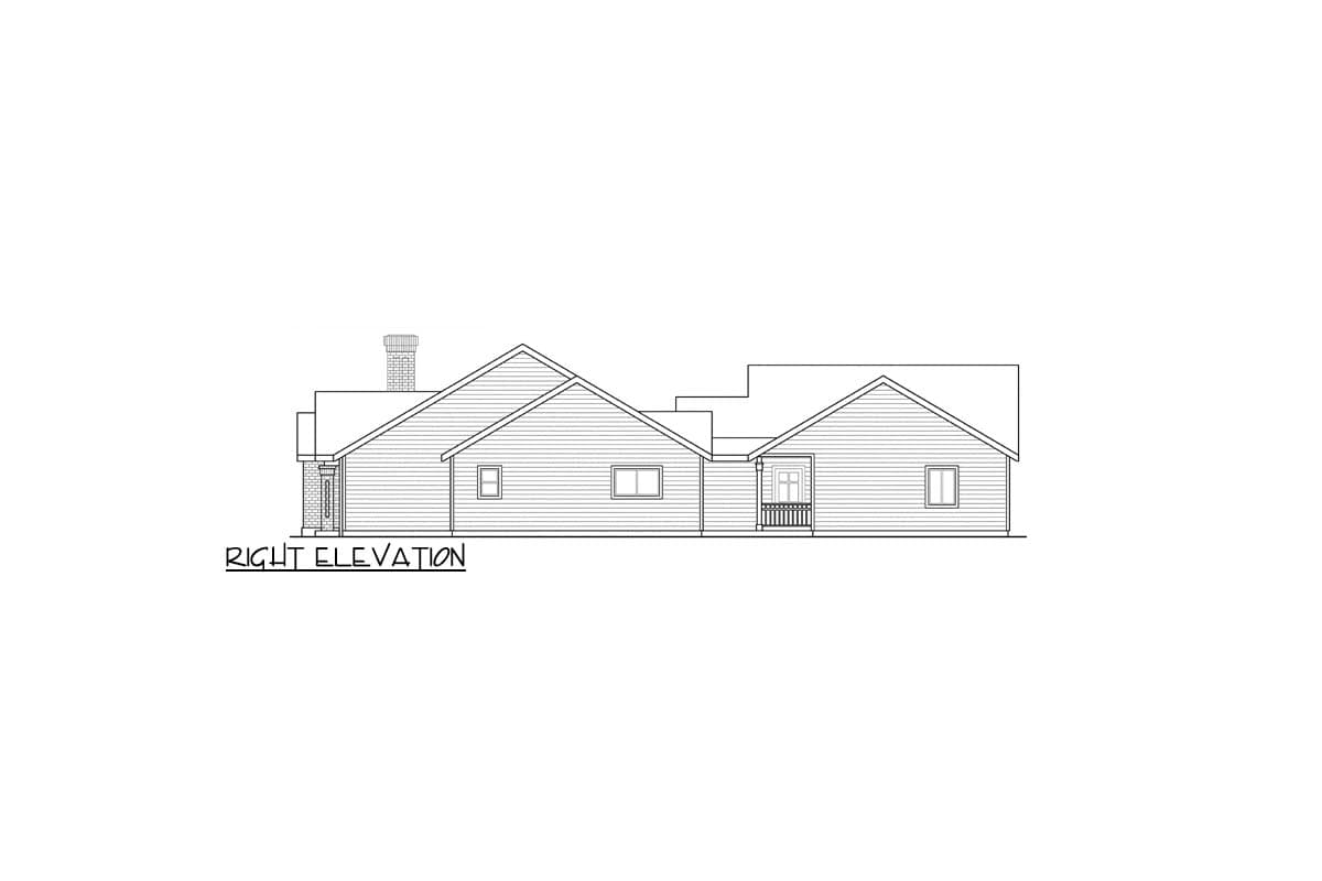 Right elevation drawing of a house plan featuring a prominent gable roof, a brick chimney, and a front-facing porch.