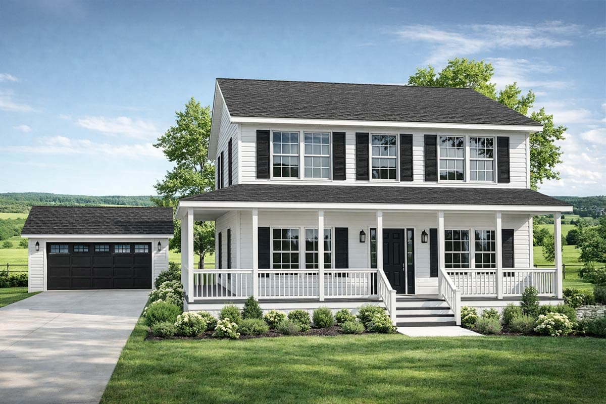 Two-story house plan exterior with white siding, wraparound porch, black shutters, and detached garage.