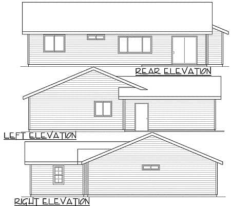 Rear, left, and right exterior elevations for a house plan. Features include sliding doors and multiple windows.