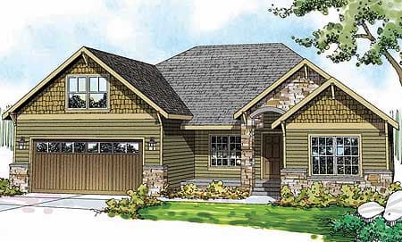 House plan exterior with a side-facing two-car garage, gable dormer, stone accents, and covered entry.