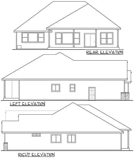 House plan elevations showing rear, left, and right views. Features include a covered rear patio, multiple windows, and a single-story design.