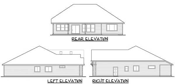 House plan rear, left, and right elevations showing a single-story home with a gabled roof and a garage.