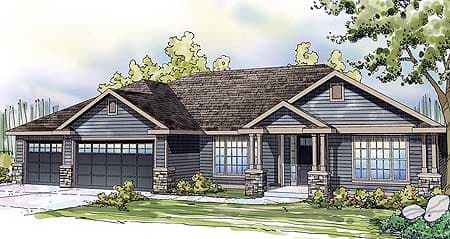 House plan exterior: Ranch-style, 1-story home with a 3-car garage, gabled entry porch, and stone accents.