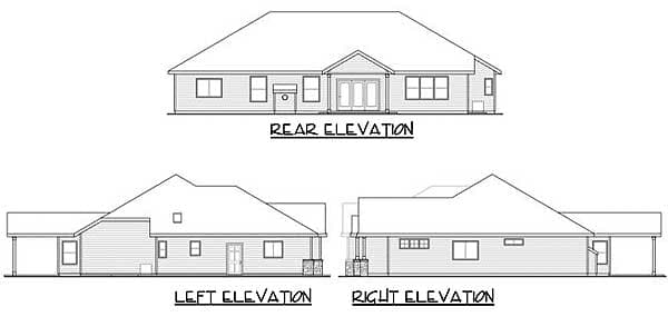 Rear, left, and right elevations of a one-story house plan with a covered rear entry and attached carport.