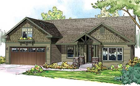 Craftsman style house plan exterior with a front-facing garage, covered porch with stone columns, and dormer window.