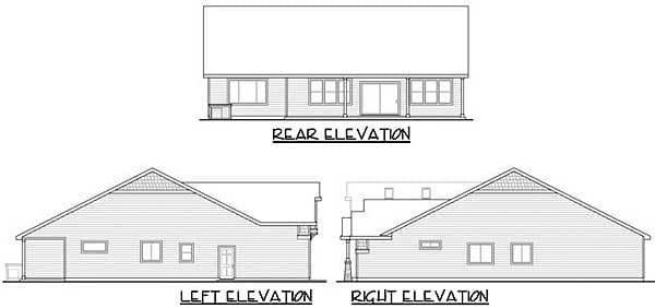 Rear, left, and right elevation drawings of a one-story house plan with an attached garage, gable roof, and various windows.