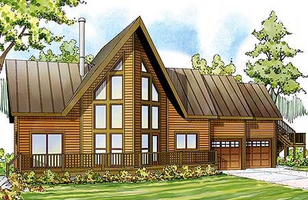 House plan exterior featuring A-frame design, prominent vertical windows, wrap-around porch, and a two-car garage.