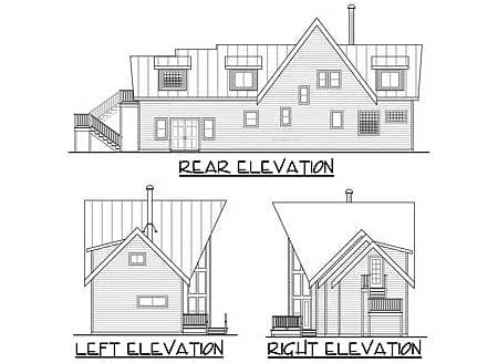 Rear, left, and right elevation drawings of a house plan, showing multiple gables, dormers, and a steeply pitched roof.