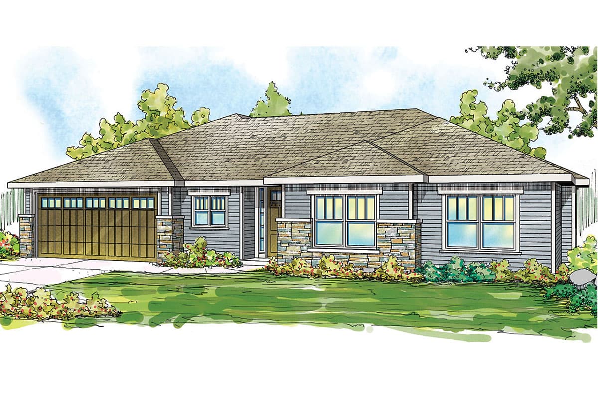 House plan exterior of a one-story Modern Farmhouse with a side-entry garage, horizontal siding, and stone accents.