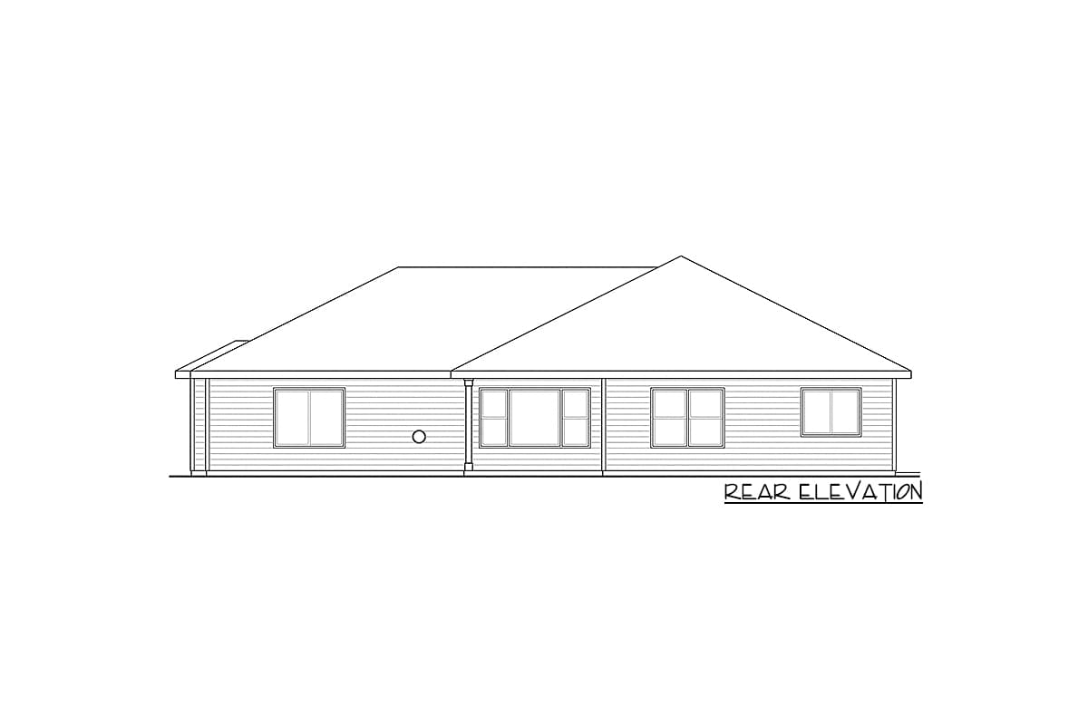Rear elevation house plan drawing showing a single-story home with horizontal siding, multiple windows, and a gabled roof.