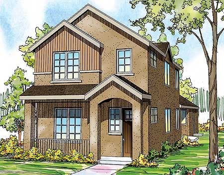 House plan exterior: Two-story home with gables, dormers, covered porch, and wood-paneled upper section.