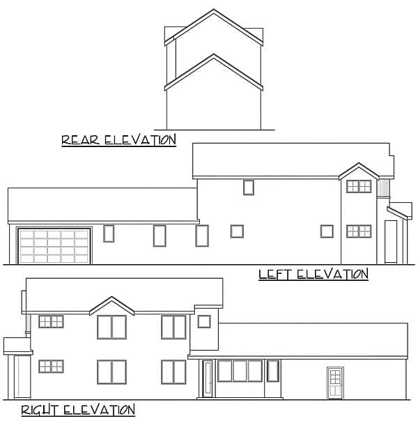 Floor plan elevations for a multi-story house with a garage, gables, and varied window arrangements.