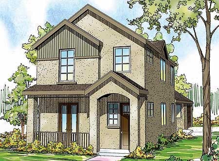 House plan exterior: Two-story home with covered front porch, gabled dormers, and stucco finish.