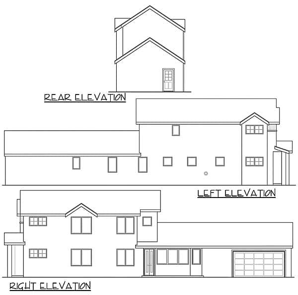 Architectural house plan elevations showing the rear, left, and right sides of a multi-story home with a garage.