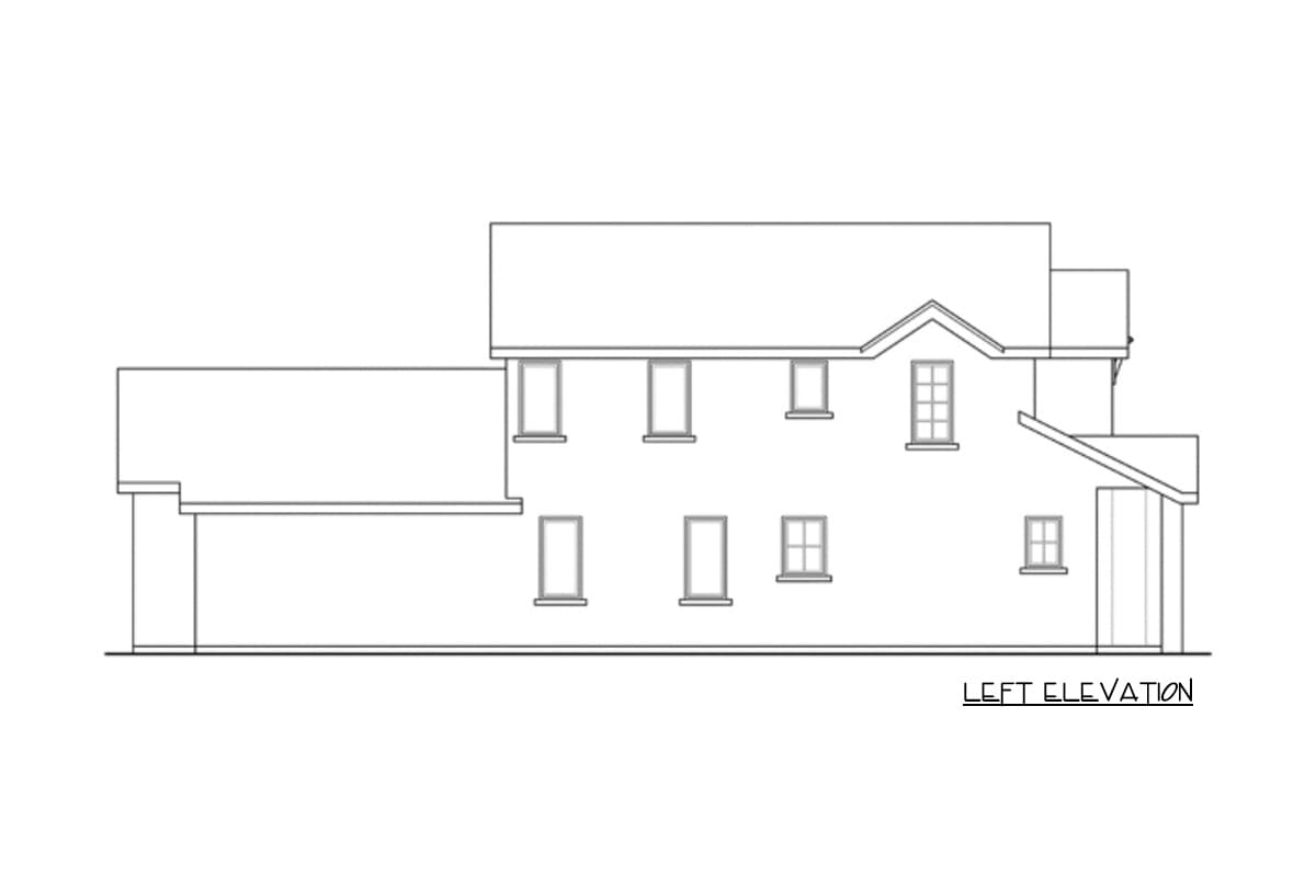 Left elevation drawing of a two-story house plan with multiple gables, roof dormers, and varied window styles.