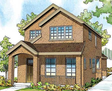 House plan exterior: Two-story home with gabled roof, covered front porch with arched opening, and multiple grid windows.