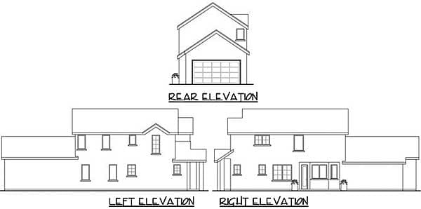 House plan elevations: rear with garage, left, and right sides. Two stories, prominent gables, and varied window arrangements.